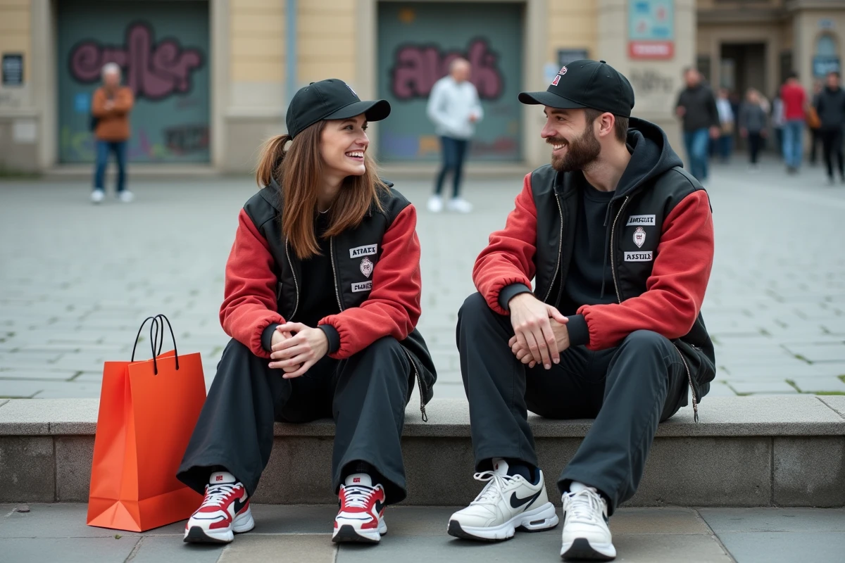 Deux amis passionnés de mode urbaine portant des tenues streetwear devant une place emblématique de Nantes