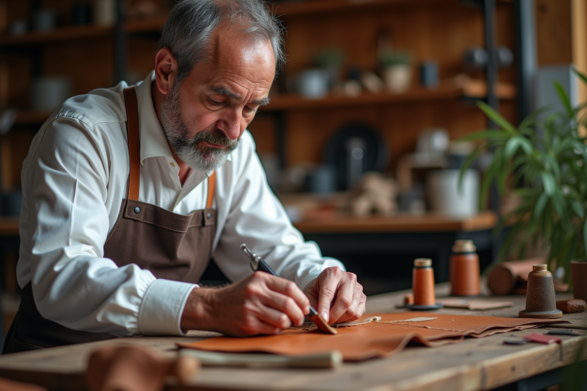 Artisan en train de coudre du cuir à son établi avec précision
