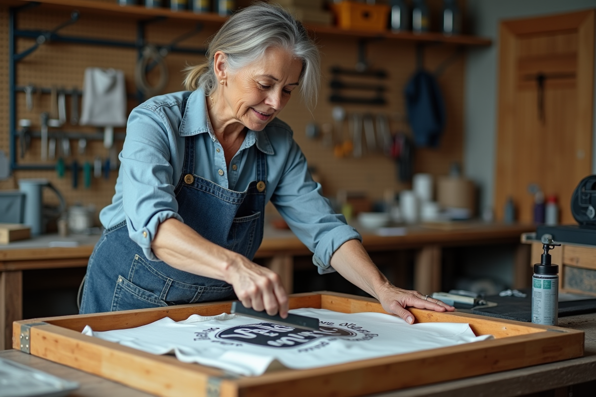 Artisan en sérigraphie imprimant un t-shirt à la main