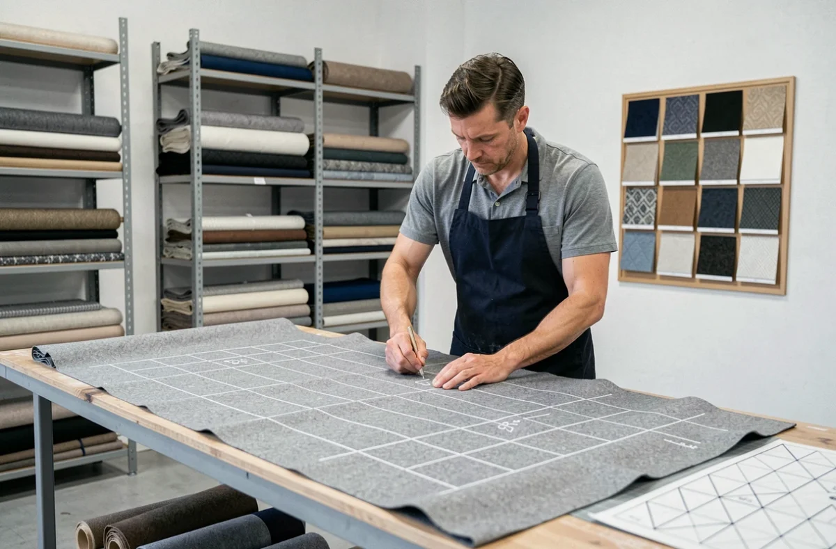 Tailleur de l'Atelier NA à Lille traçant des patronages sur un tissu laine gris sur mesure