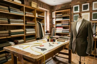 Atelier de tailleur sur mesure dans le Nord avec tissus, mannequin et table de coupe traditionnelle