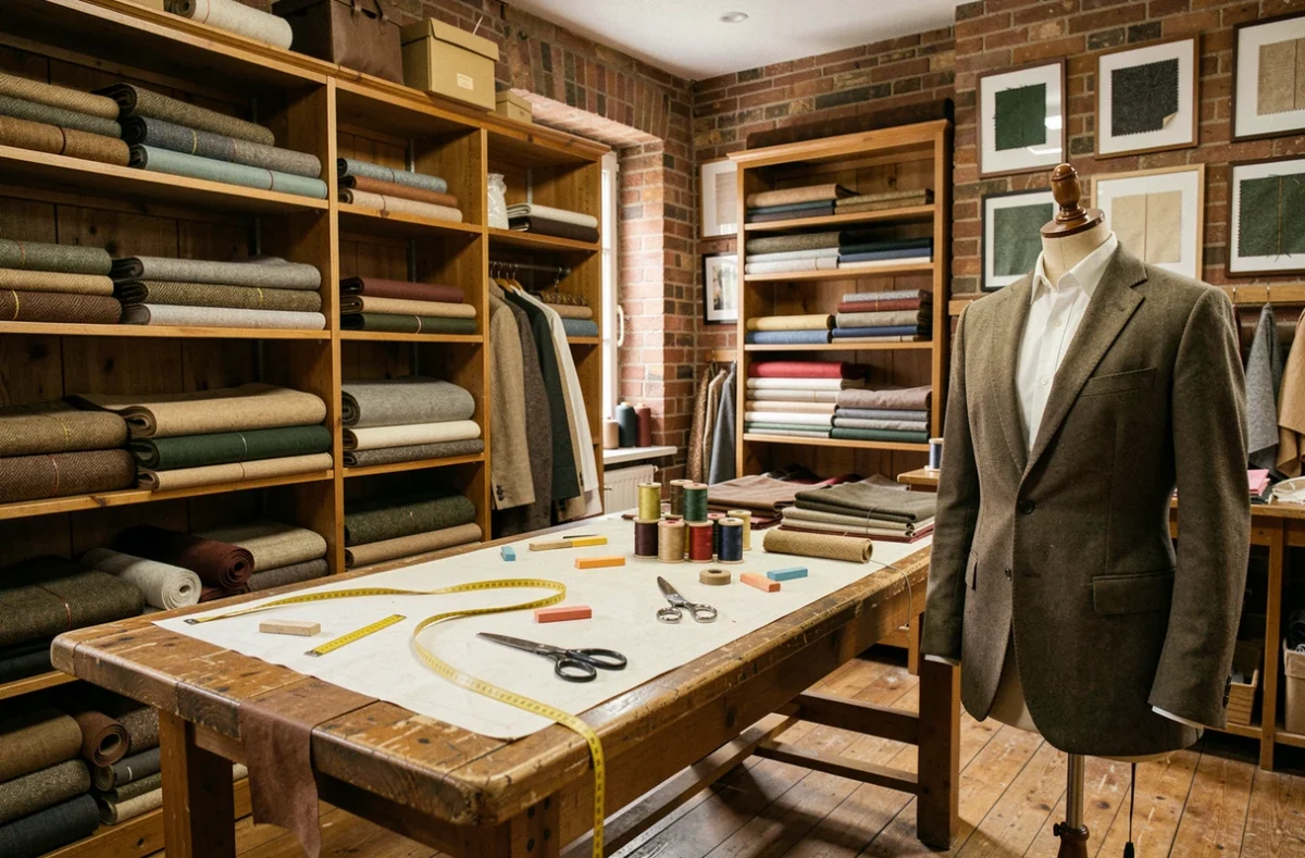 Atelier de tailleur sur mesure dans le Nord avec tissus, mannequin et table de coupe traditionnelle