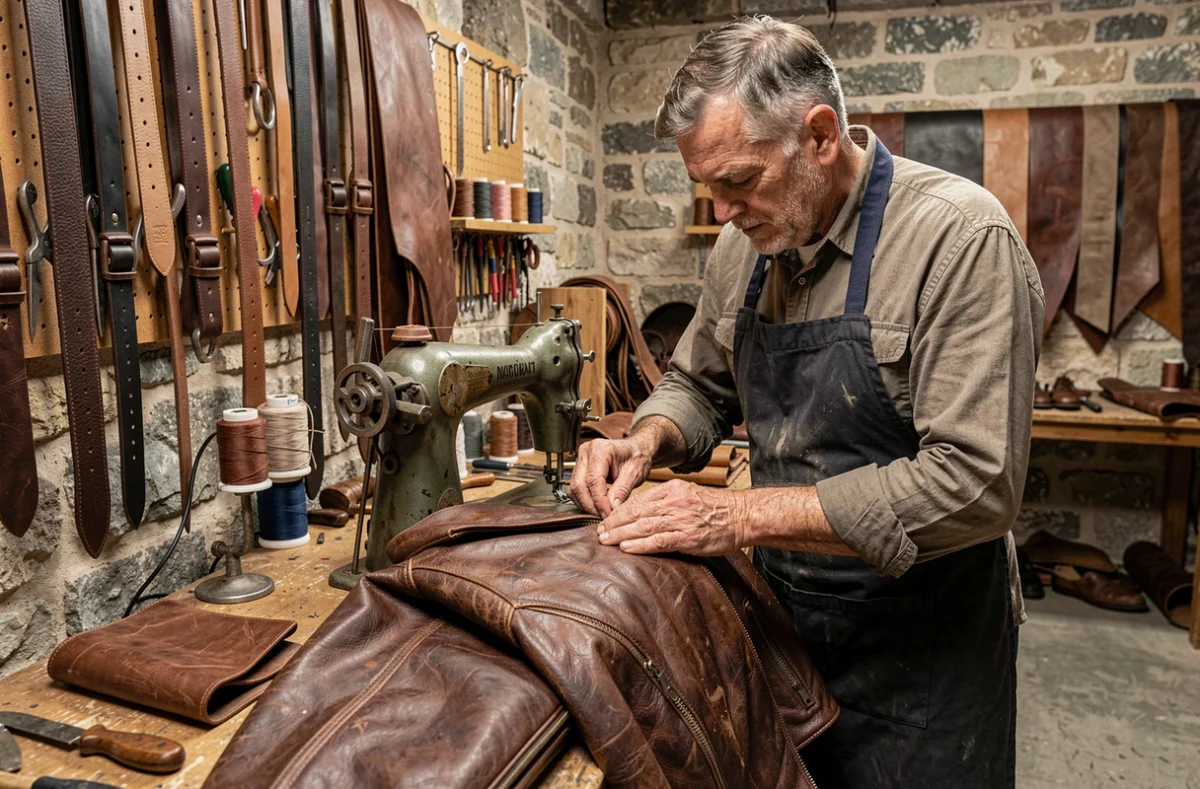 Artisan spécialiste cuir d'ATR Cuirs et Peaux cousant une veste en cuir sur machine industrielle en Seine-Saint-Denis