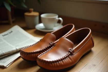 Paire de babouches homme en cuir souple tanné posées sur un parquet en chêne, vue rapprochée mettant en valeur la texture et les coutures artisanales