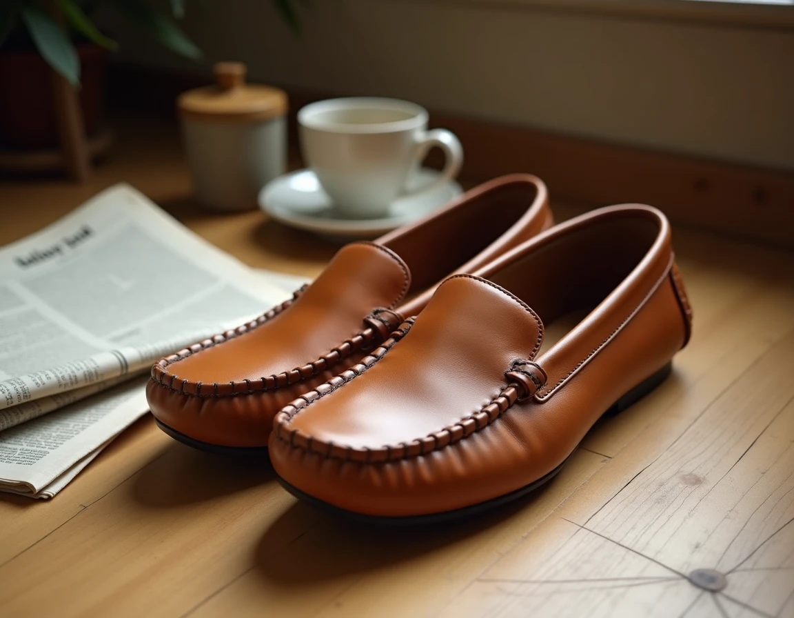 Paire de babouches homme en cuir souple tanné posées sur un parquet en chêne, vue rapprochée mettant en valeur la texture et les coutures artisanales