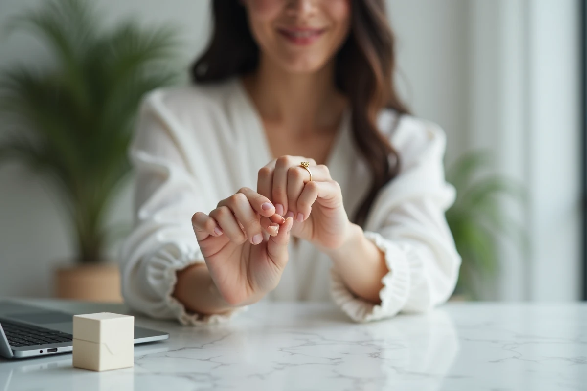 Femme tenant une bague amitié cœur en or devant un bureau minimaliste, achat de bijou BFF en ligne
