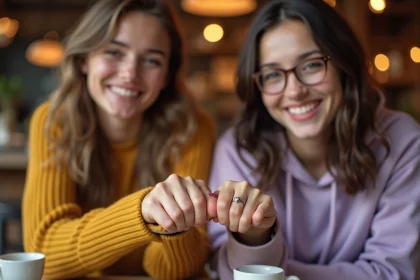 Deux amies échangeant une bague cœur BFF en argent dans un café cosy, sourires naturels et tenue décontractée