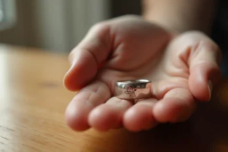 Bague enfant garçon gravée avec initiales et étoile posée dans une main adulte
