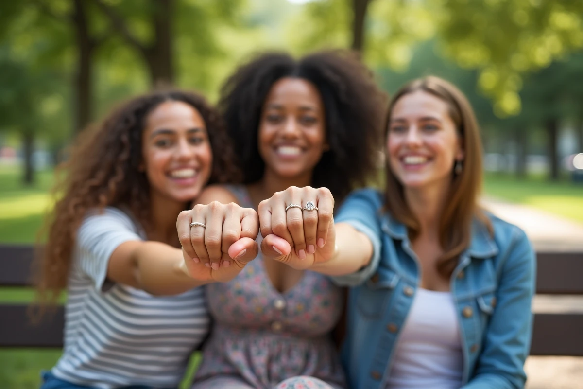 Trois amies montrant leurs bagues BFF assorties en forme de cœur dans un parc, bijoux amitié tendance 2026