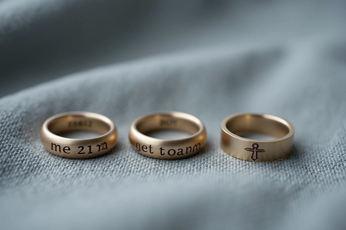 Trois bagues garçon gravées côte à côte avec date, initiales et symbole sur lin gris