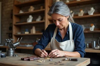 Bijoutière artisanale examinant une bague en or avec une loupe dans un atelier traditionnel en bois