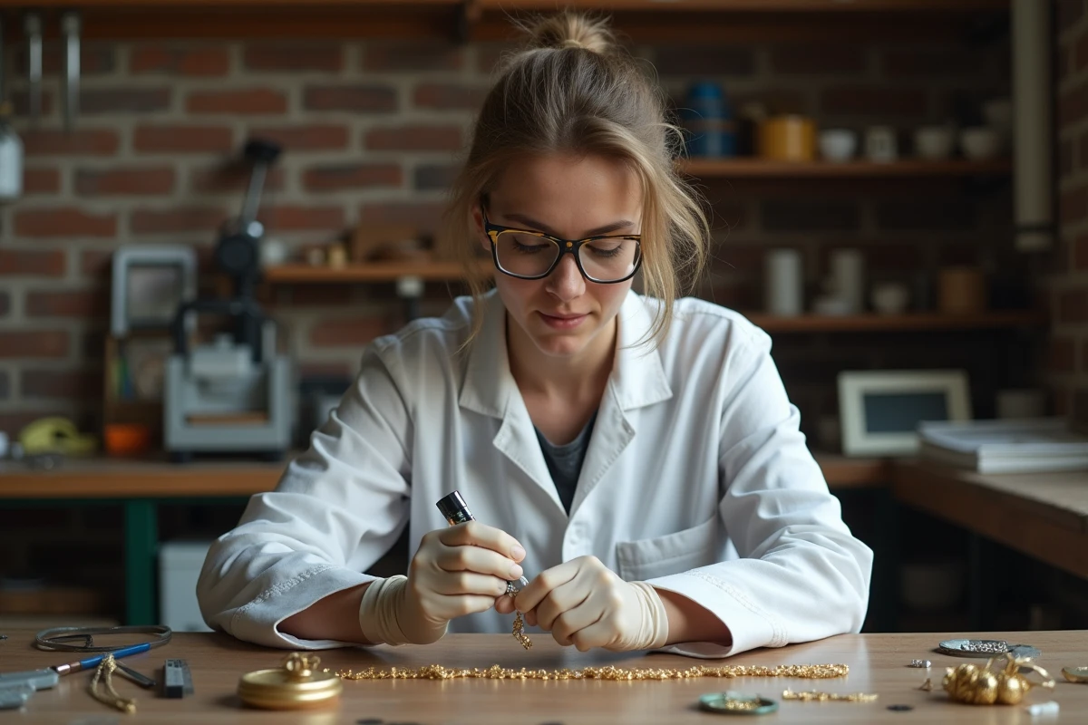 Bijoutière examinant un collier plaqué or à la loupe dans un atelier artisanal, évaluation de la qualité du placage