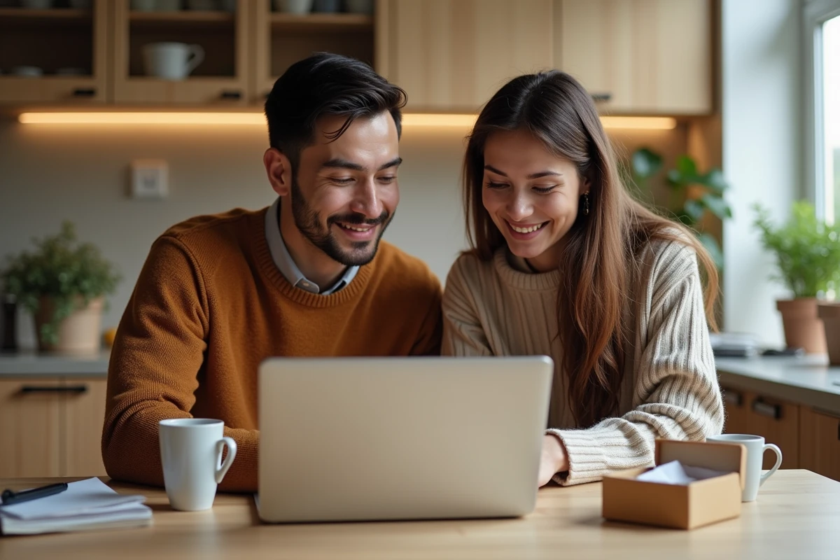 Couple comparant des bijoux photo projection pas chers sur un site en ligne avec un bracelet reçu dans un coffret ouvert