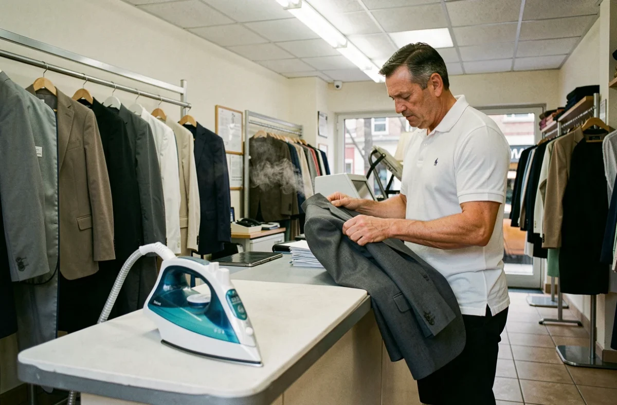 Employé de Bob Pressing inspectant une veste fraîchement repassée au comptoir d'un pressing multiservice