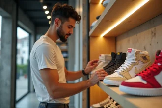 Employé d'une boutique Snatch sneakers à Lorient disposant une paire de baskets rares en édition limitée sur une étagère design