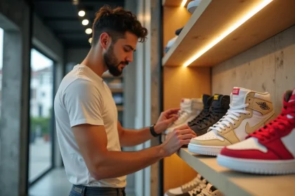 Employé d'une boutique Snatch sneakers à Lorient disposant une paire de baskets rares en édition limitée sur une étagère design
