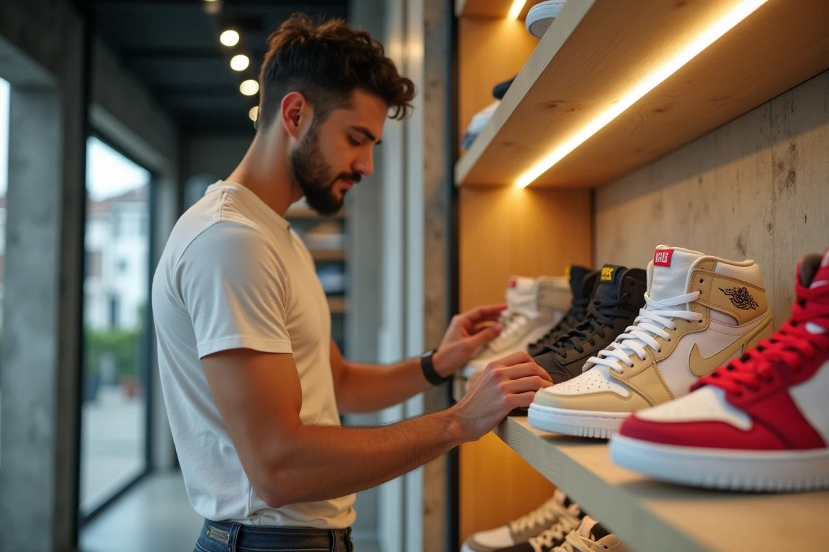 Employé d'une boutique Snatch sneakers à Lorient disposant une paire de baskets rares en édition limitée sur une étagère design