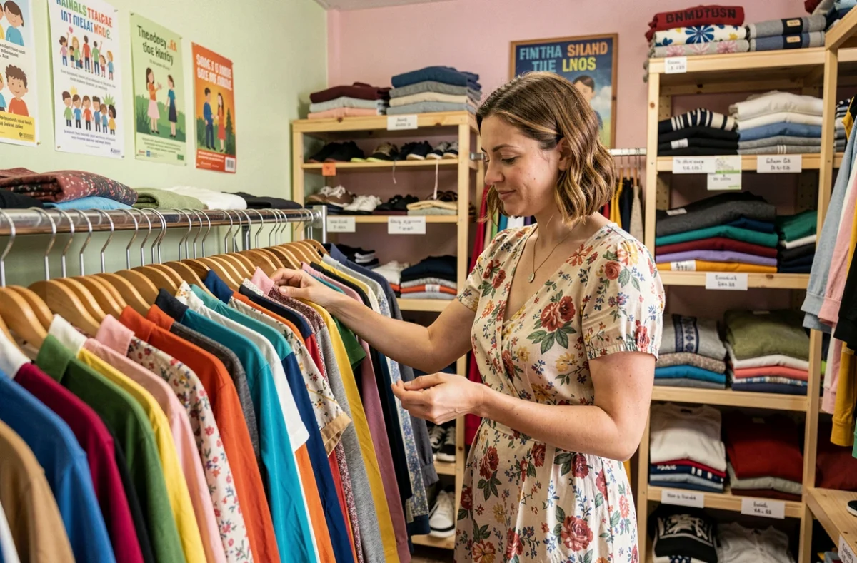 Cliente parcourant les vêtements abordables à La Boutique solidaire aux Carrés dans le quartier Moulins de Lille