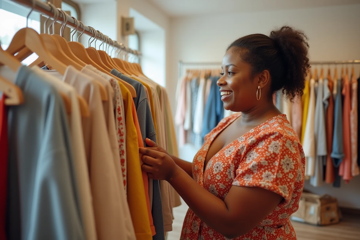 Femme grande taille souriante qui choisit une robe dans une boutique de vêtements à Marseille