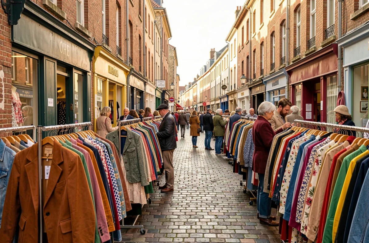 Scène de rue animée devant des boutiques vintage typiques des Hauts-de-France avec des vêtements de seconde main colorés sur des portants