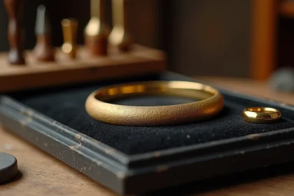 Bracelet plaqué or posé sur velours avec bague en or massif pour comparaison, détail des couches métalliques visibles sur les bords usés