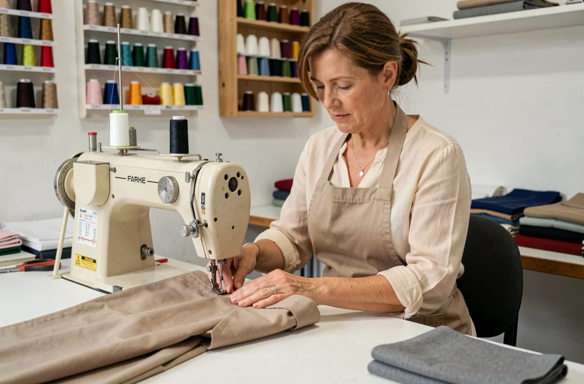 Couturière en tablier effectuant une retouche de pantalon à l'atelier Brj Services à Tremblay-en-France