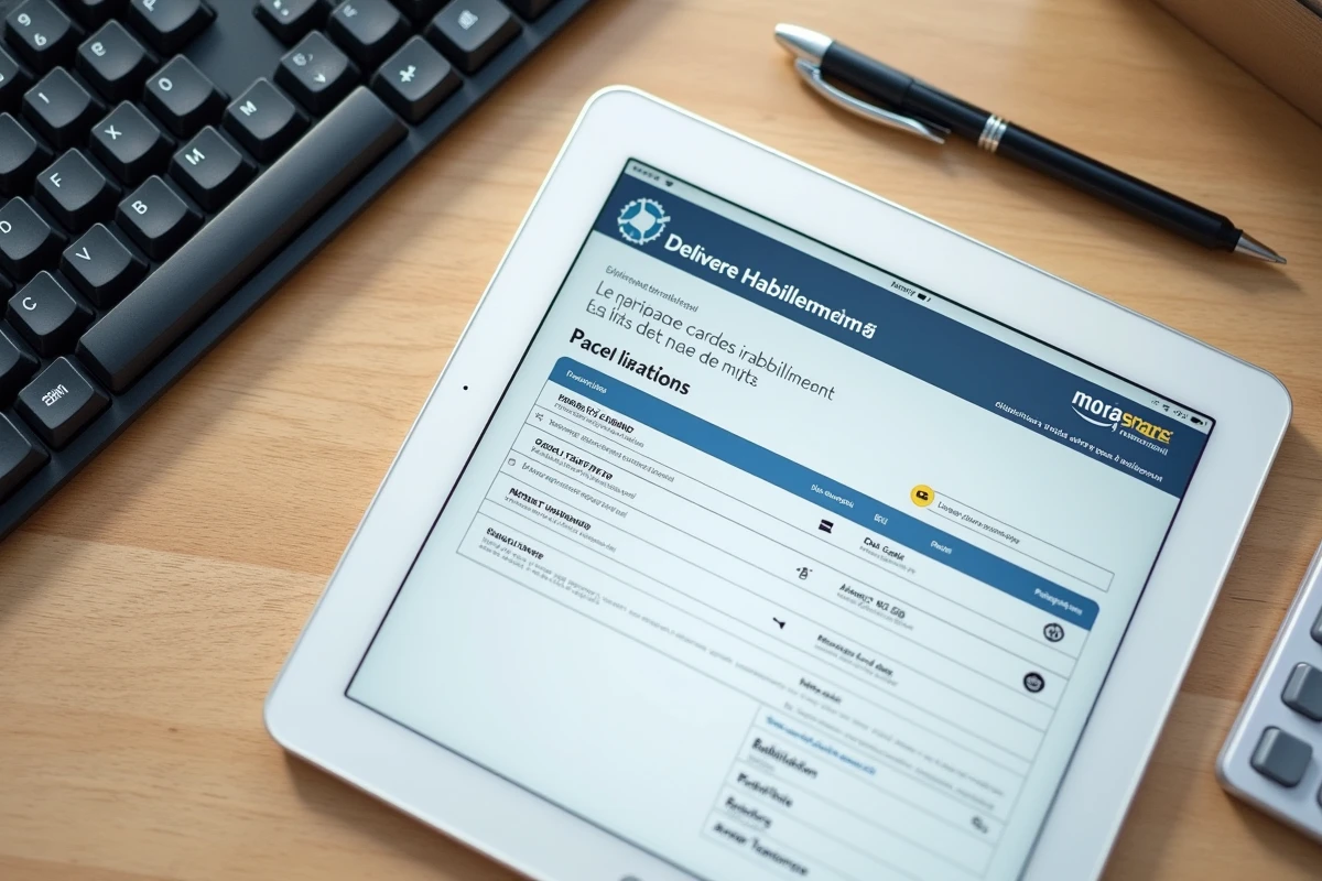 Vue aérienne d'un bureau avec tablette affichant une page de suivi de commande monespace habillement et documents imprimés