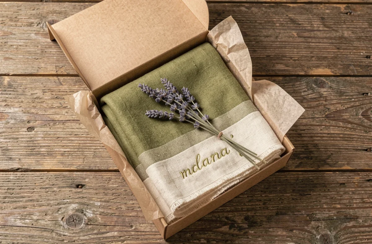 Présentation cadeau d'un foulard cheche personnalisé plié dans une boîte kraft avec carte manuscrite et lavande séchée