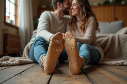 Couple assis sur un parquet en bois portant des chaussettes paillettes assorties avec message brodé, ambiance cosy et chaleureuse