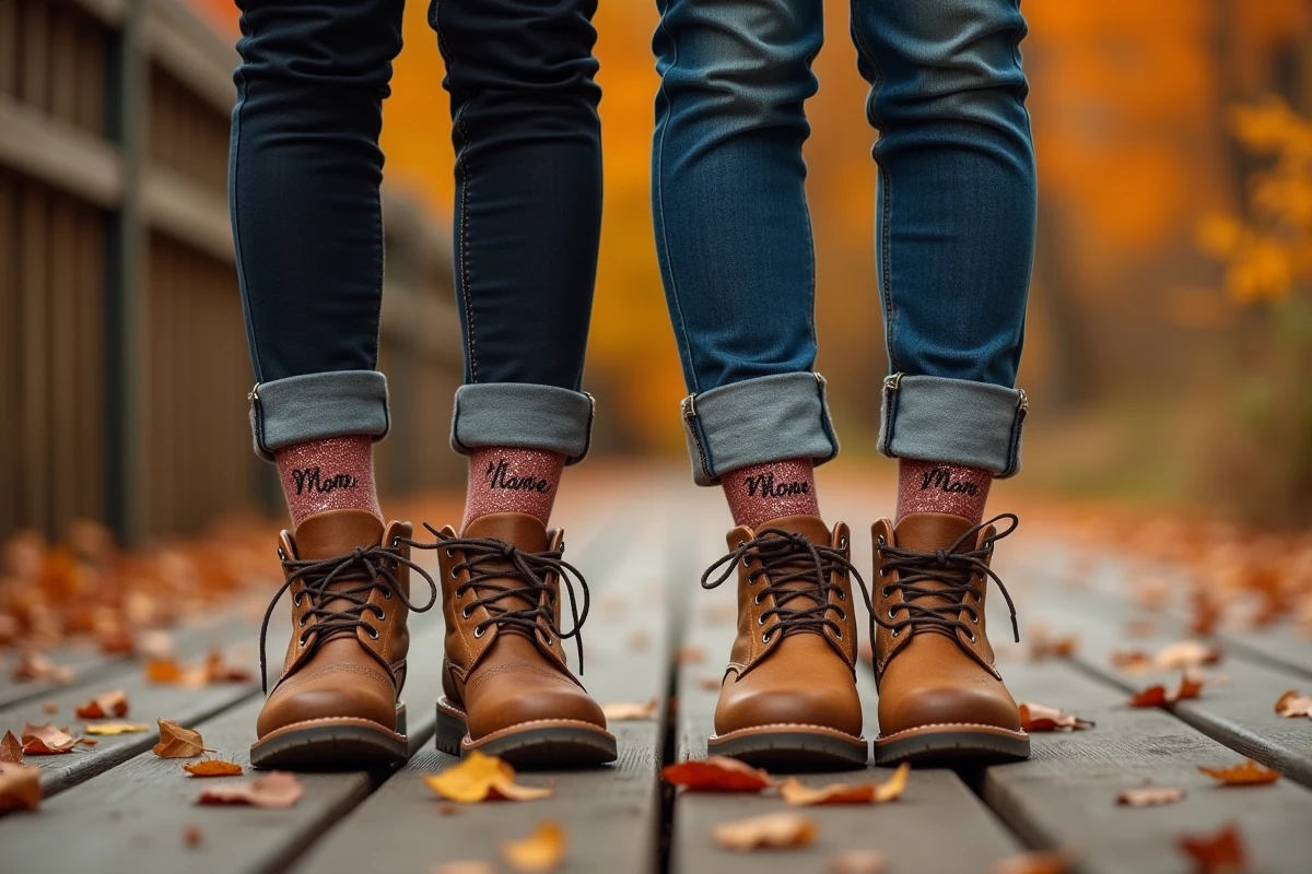 Couple en extérieur sur une terrasse en bois en automne, chaussettes paillettes message visibles au-dessus des bottines, ambiance romantique saisonnière