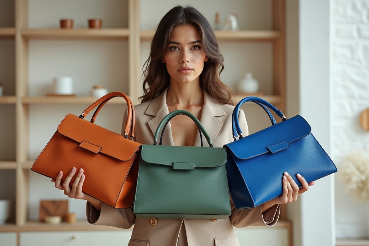Femme comparant trois sacs tendance 2026 en terracotta, vert sauge et bleu cobalt dans une boutique minimaliste