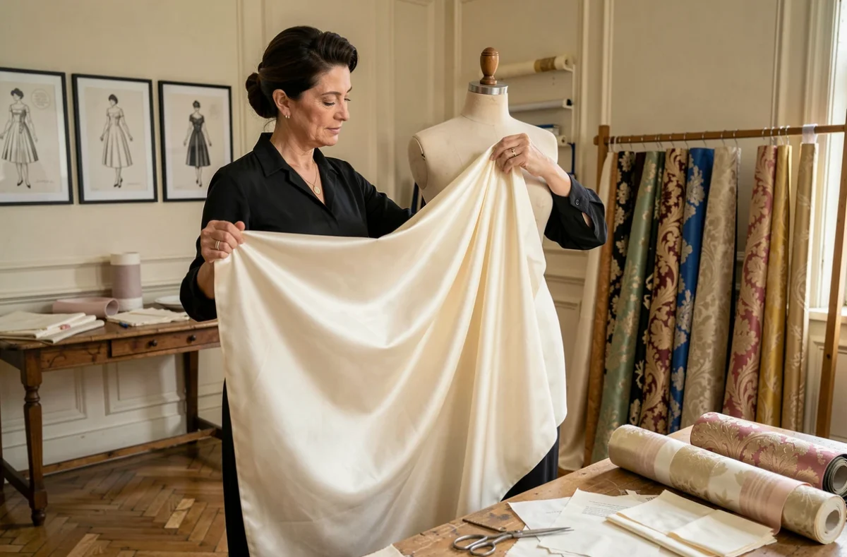 Cinzia Melandri dans son atelier du Nord-Pas-de-Calais drapant du satin ivoire sur un mannequin de couture