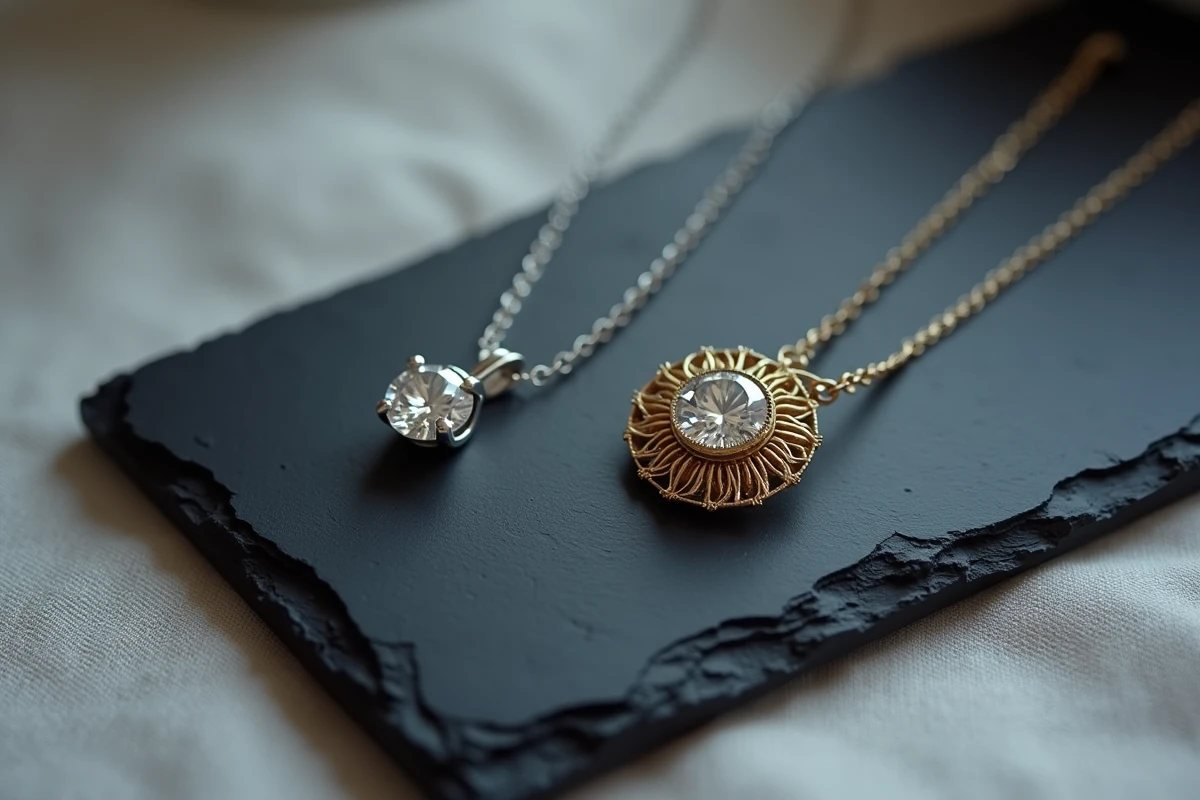 Comparaison entre un bijou SRD en diamant de laboratoire et un bijou artisanal en or filigrane sur ardoise