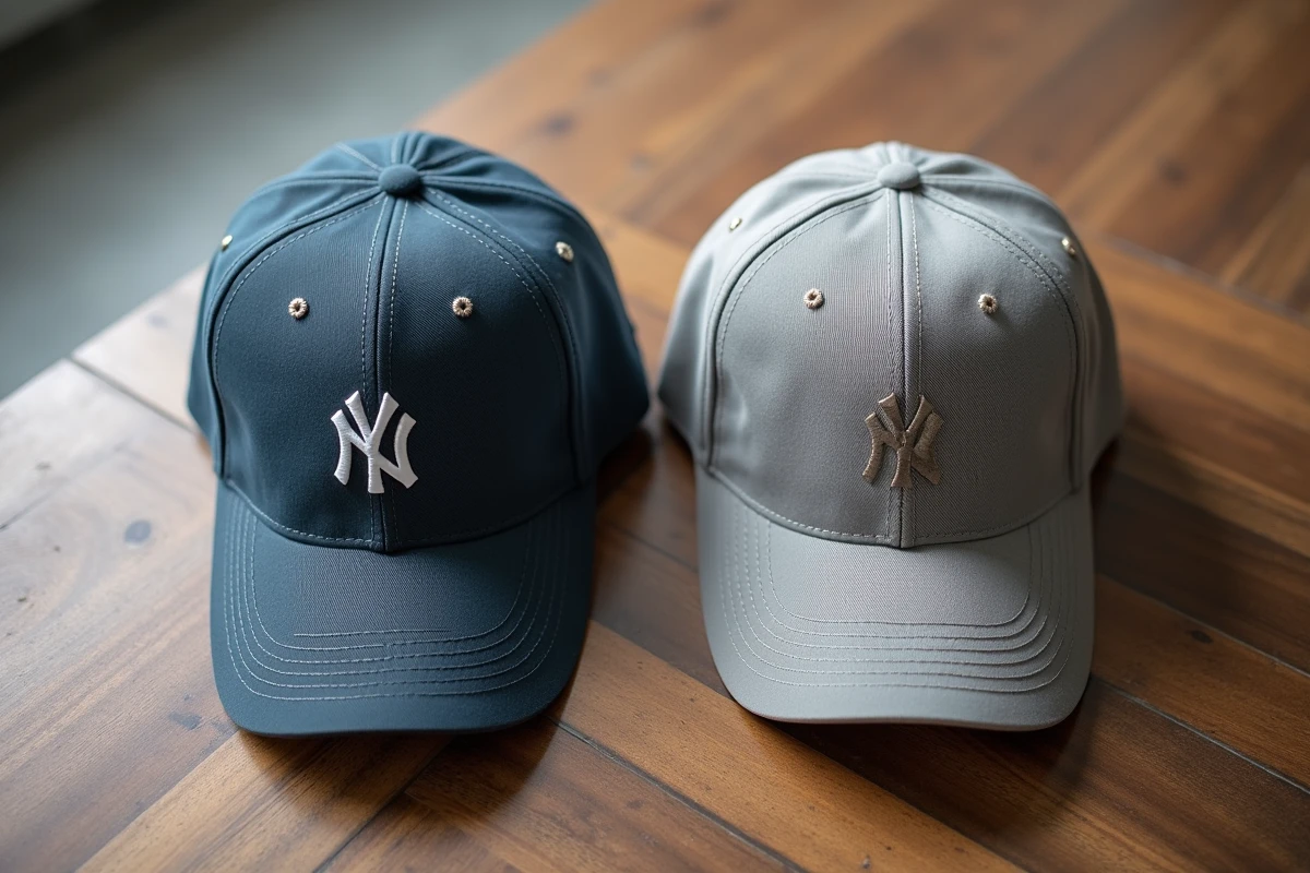 Comparaison entre une casquette Trump officielle et une contrefaçon côte à côte sur une table en bois