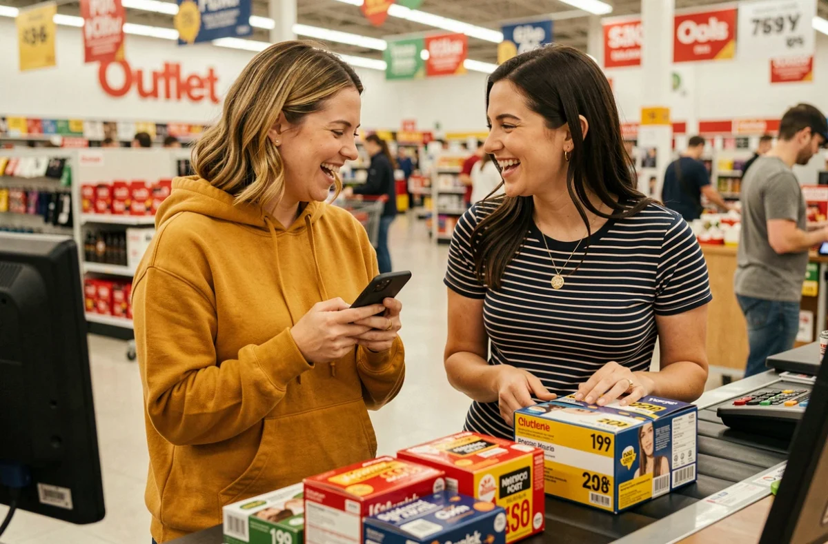 Deux femmes comparant les prix en ligne et en magasin lors d'un déstockage en caisse d'un magasin outlet