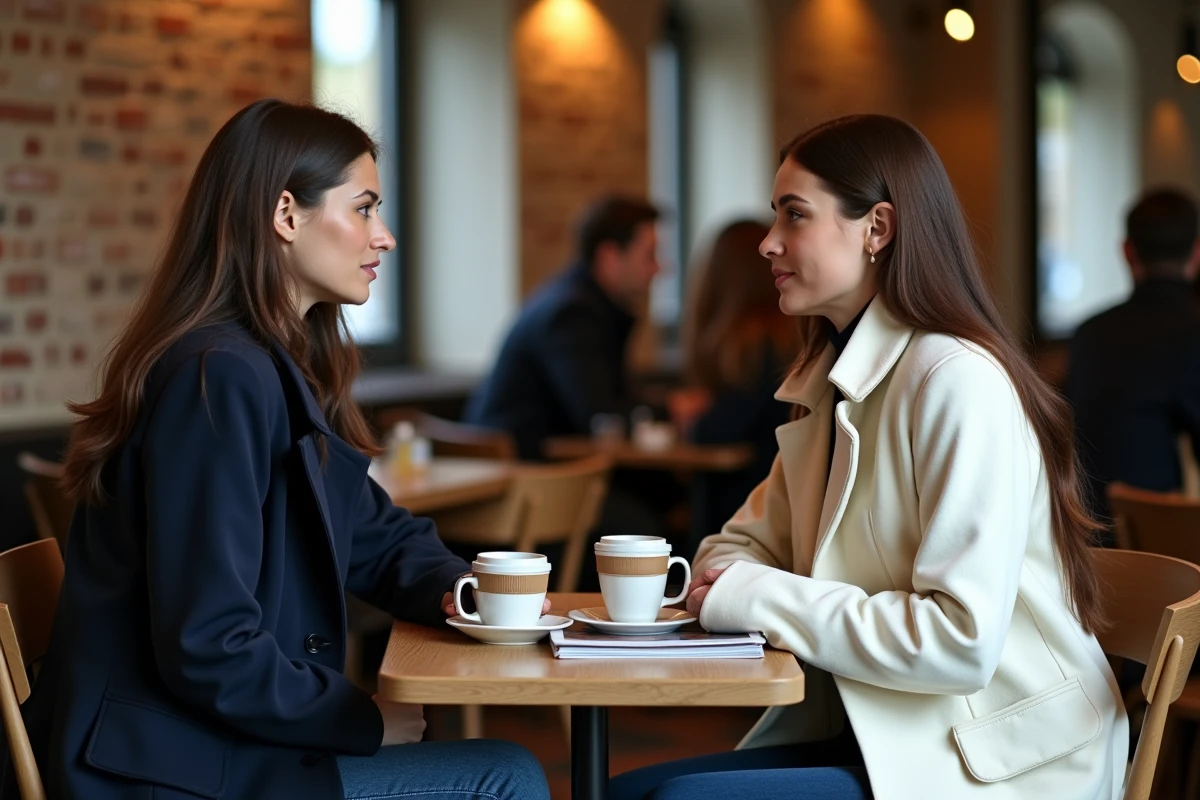 Deux femmes dans un café parisien comparant leurs manteaux aux poches ouvertes et fermées, illustrant le débat mode sur les poches cousues pour un look chic