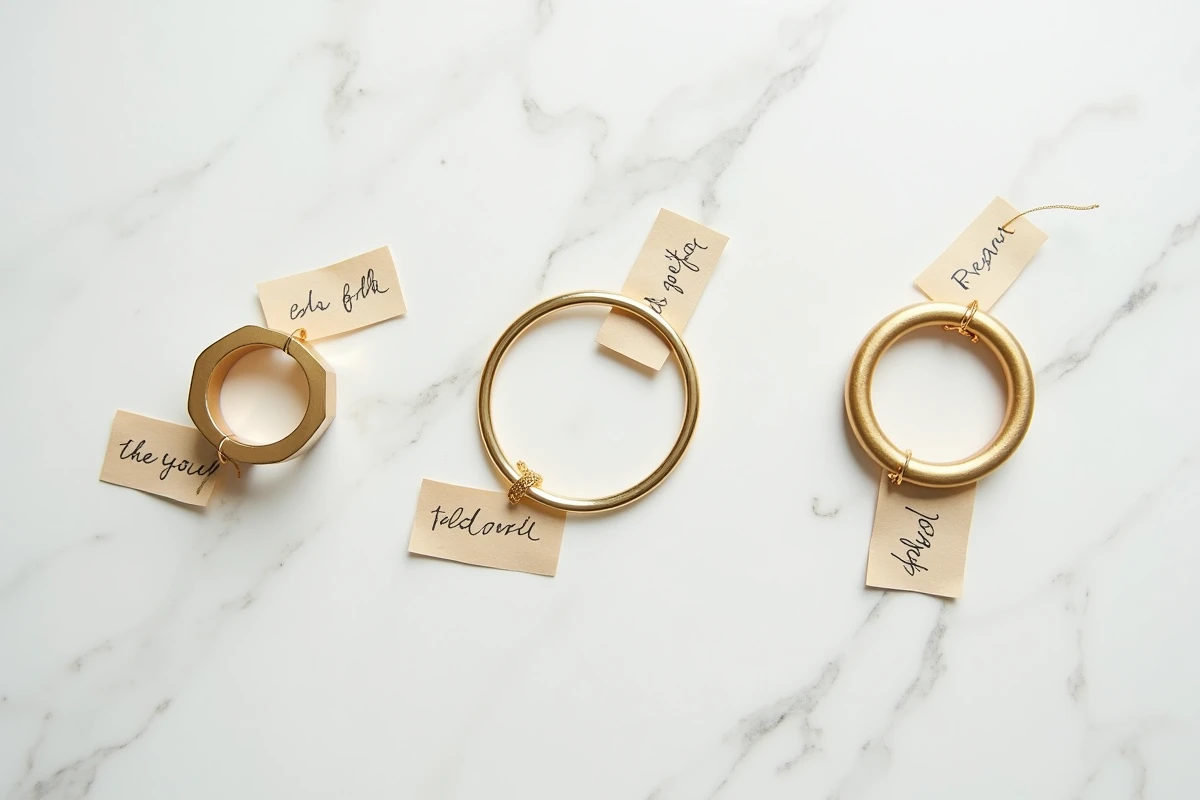 Comparaison à plat de bague plaquée or oxydée, jonc gold filled et pendentif en or massif sur marbre blanc avec étiquettes