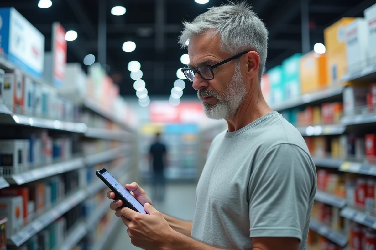 Homme comparant des produits de marques diverses en magasin grâce à une application de filtrage sur smartphone