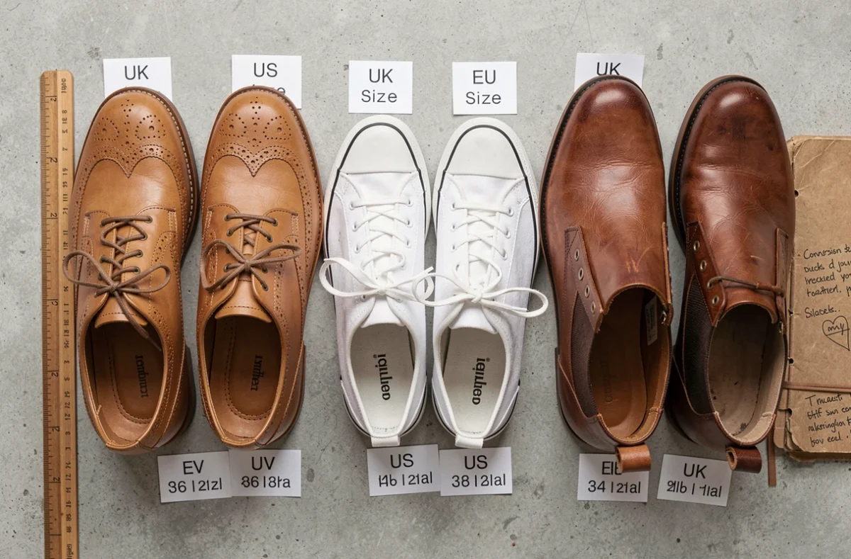 Comparatif de tailles de chaussures UK EU US avec étiquettes et règle sur fond béton