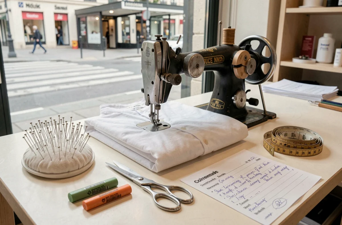 Comptoir d'un atelier de retouches parisien avec machine à coudre et outils de couture près de la station Port-Royal