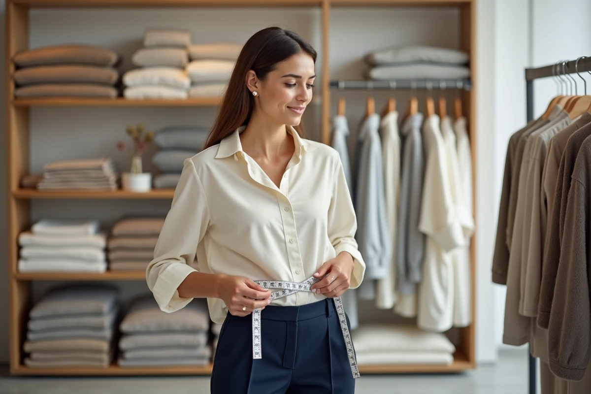 Femme mesurant sa taille dans une boutique de vêtements en comparant des étiquettes de tailles australiennes et françaises