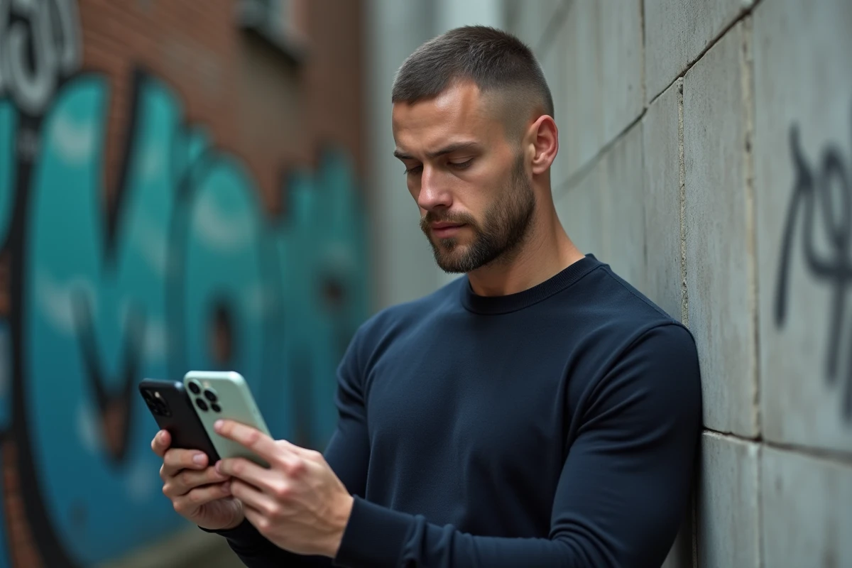 Homme tenant deux coques de téléphone minimalistes dans une ruelle urbaine avec mur en béton