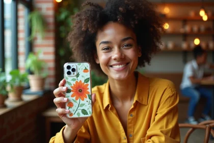 Jeune femme souriante tenant un smartphone avec une coque florale colorée dans un café urbain chaleureux