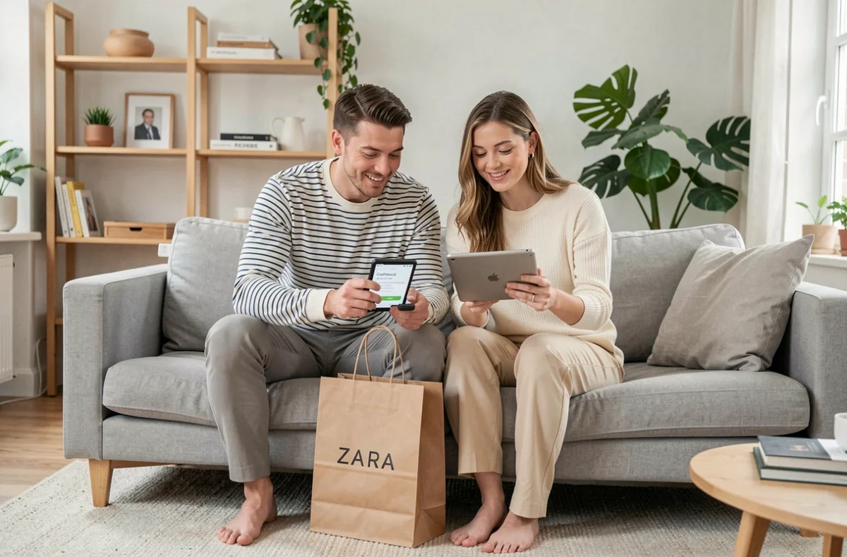 Couple à la maison comparant leurs achats Zara et leurs économies cashback sur une tablette