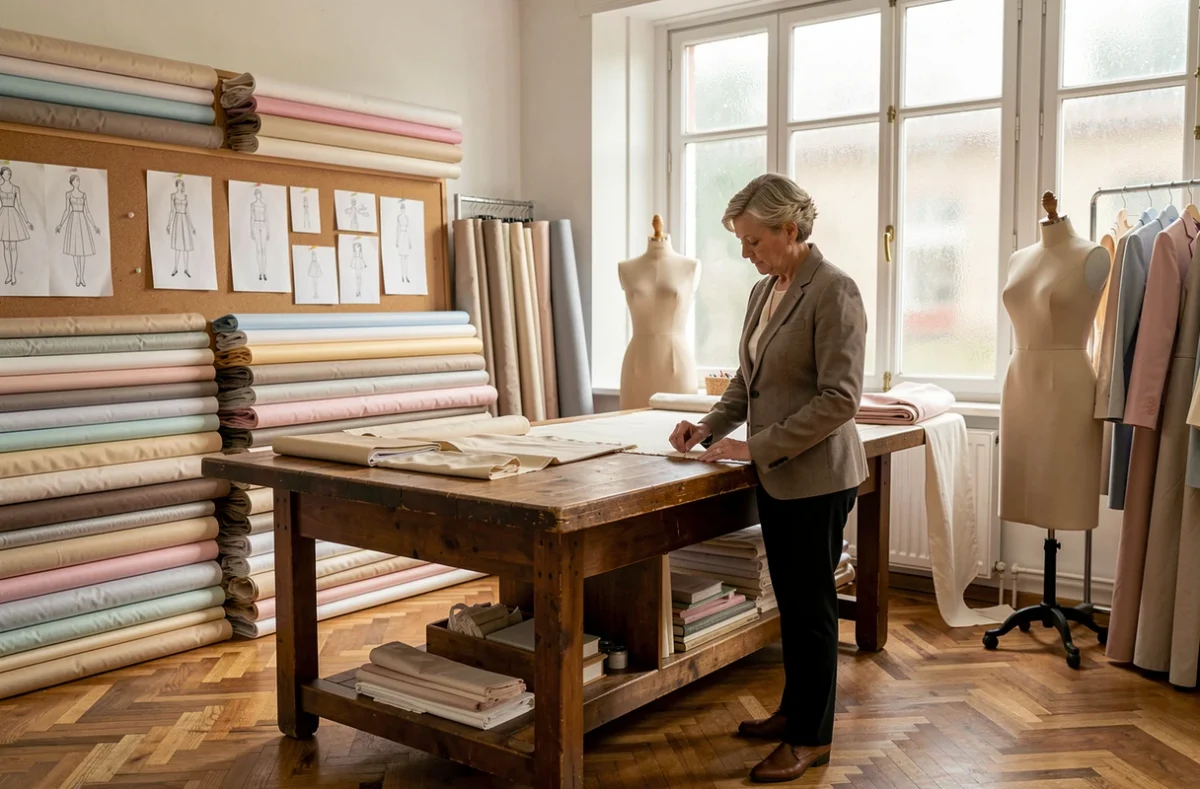 Atelier de couture Crinoligne en Seine-Saint-Denis avec table de coupe et rouleaux de tissus colorés
