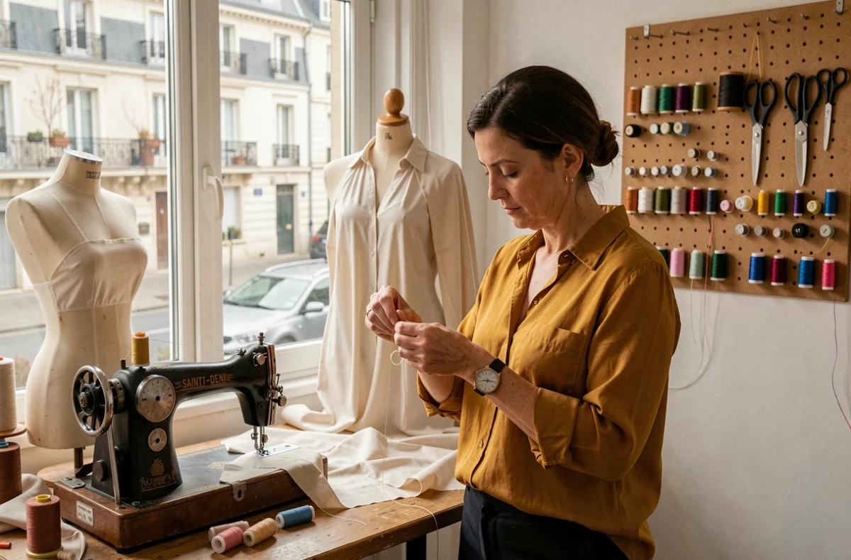 Couturière enfilant une aiguille dans l'atelier De Fil En Aiguille à Saint-Denis avec machine à coudre en arrière-plan