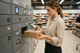Femme déposant un colis Vinted Go dans un casier automatique en supermarché en scannant un QR code
