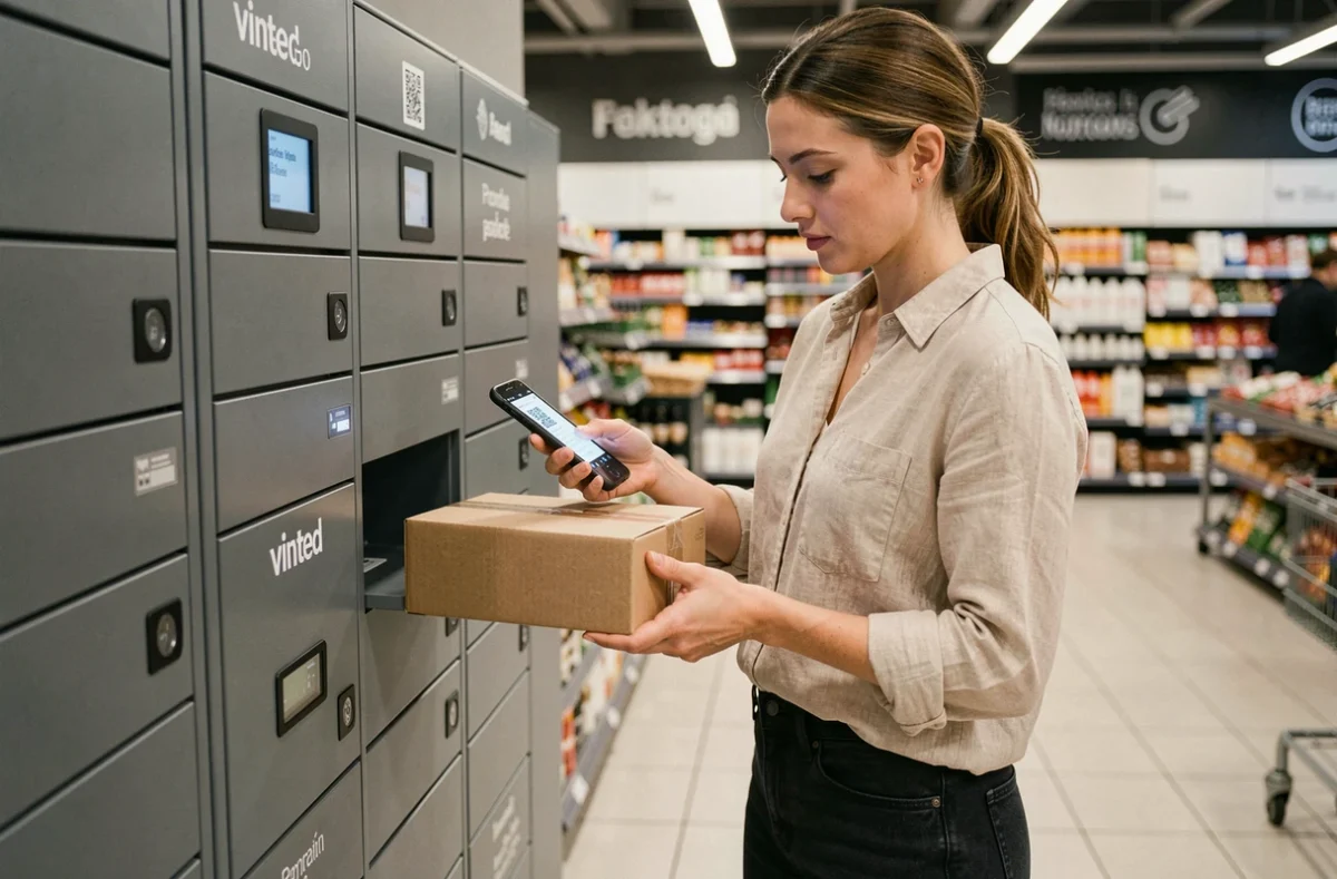 Femme déposant un colis Vinted Go dans un casier automatique en supermarché en scannant un QR code