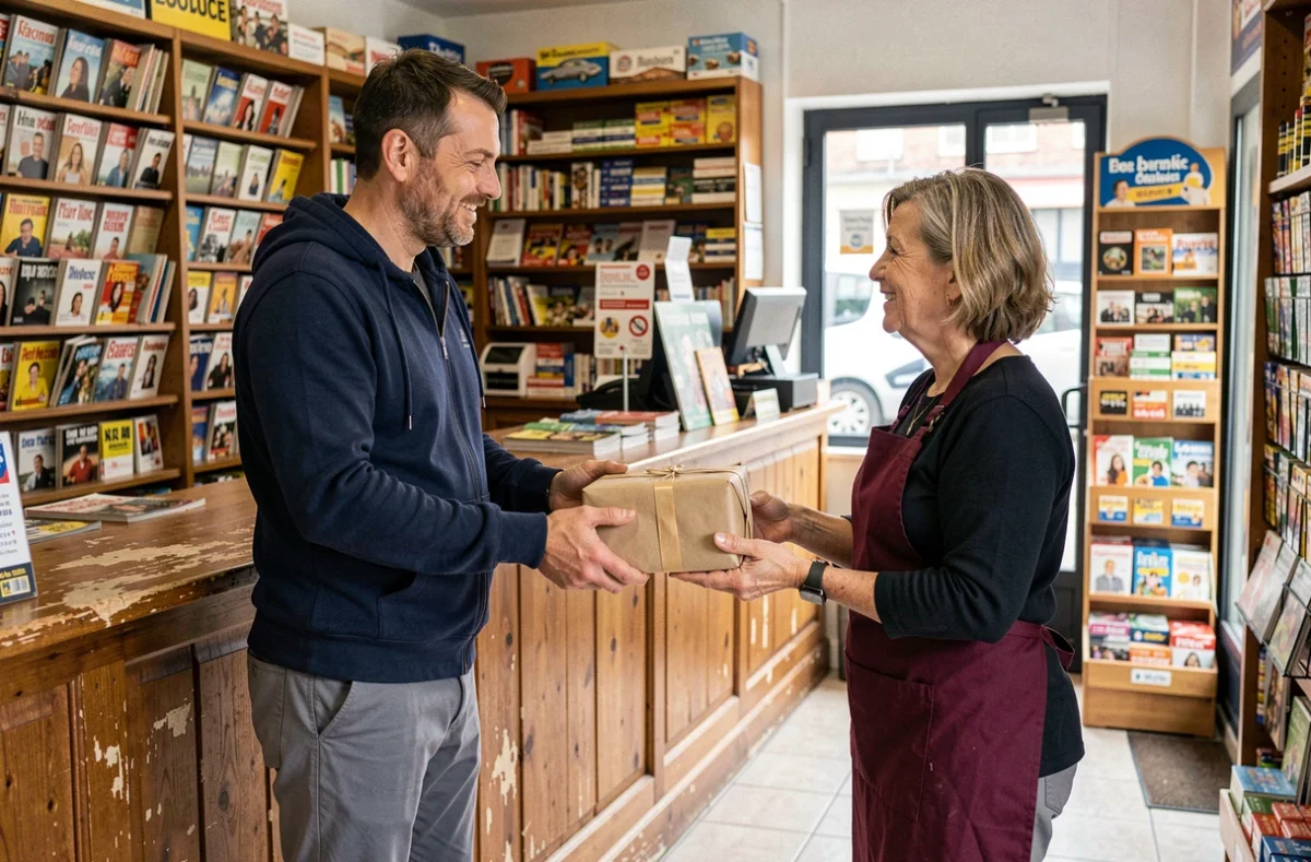 Homme remettant un colis à une commerçante dans un tabac partenaire Vinted pour un envoi en magasin