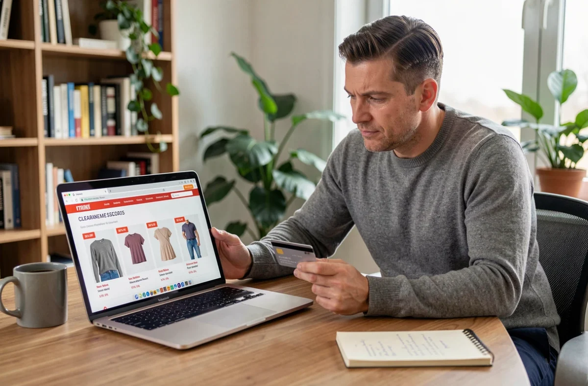 Homme comparant des offres de déstockage en ligne sur un ordinateur portable depuis son bureau à domicile